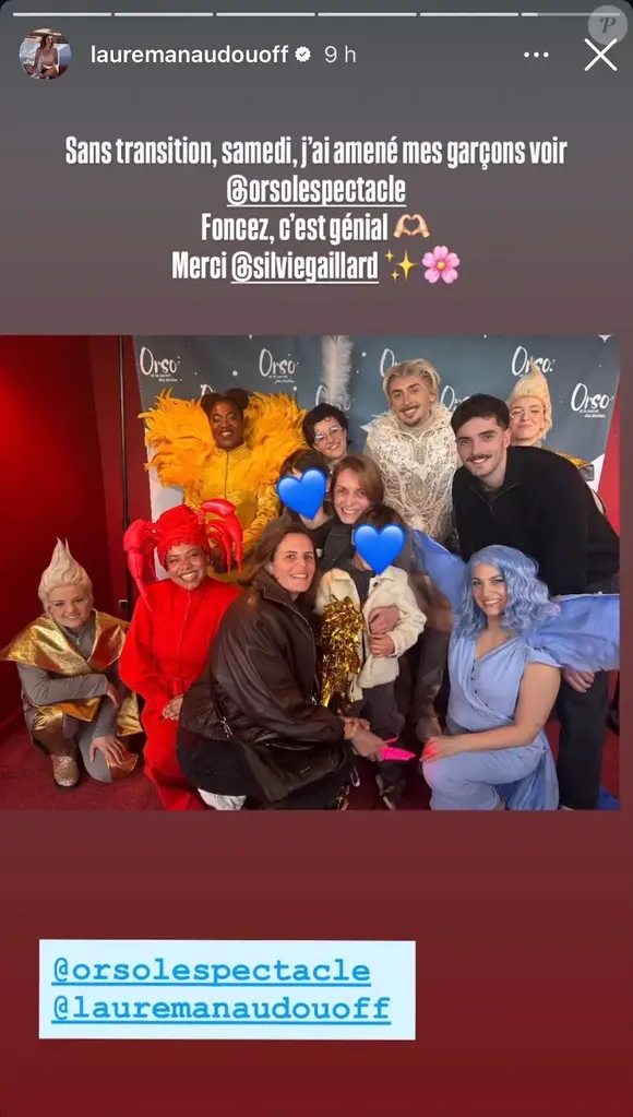 Sur les réseaux, Laure Manaudou a immortalisé cette soirée en famille aux côtés de la troupe d"Orso et le secret des étoiles".

Capture d'écran du compte Instagram de Laure Manaudou.