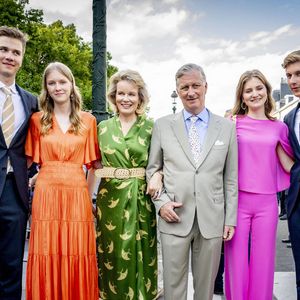 La reine Mathilde, le roi Philippe, la princesse Elisabeth, le prince Gabriel, le prince Emmanuel, la princesse Eléonore - La famille royale de Belgique lors de la garden party pour la Fête Nationale belge à Bruxelles. Le 21 juillet 2024. Dana Press / Bestimage