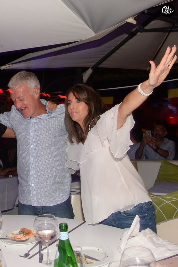 Didier Deschamps fête sa victoire avec sa femme Claude, Nagui et sa femme Mélanie Page et des amis à la Gioia et au VIP Room à Saint-Tropez, le 21 juillet 2018. © Rachid Bellak/Bestimage