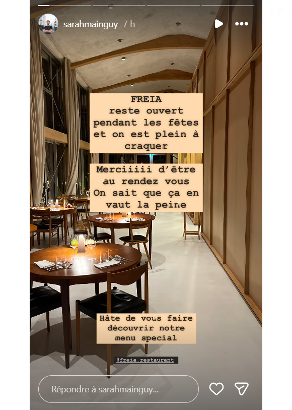 En story sur Instagram, elle annonce que pour les réveillons du 24 et 31 décembre, le restaurant est presque complet !

Sarah Mainguy donne des nouvelles après la fermeture de son restaurant à Nantes.