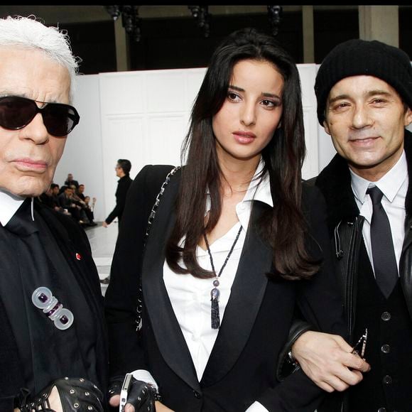 Karl Lagerfeld, Jean-Luc Delarue et sa compagne Anissa au défilé Dior Homme 2012-2013 à Paris © Bertrand Rindoff Petroff Bestimage