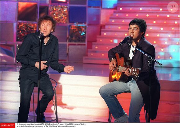 Laurent Voulzy et Alain Souchon lors de l'enregistrement de l'émission Vivement Dimanche, Paris, France, le 11/04/2001. Crédit Jean-Jacques Datchary/Abaca