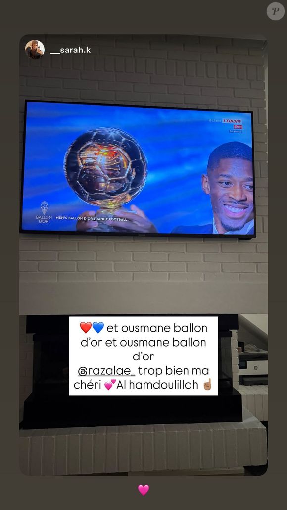 Rima Edbouche, la femme d'Ousmane Dembélé, a publié des stories sur Instagram après le sacre de son mari au Ballon d'or 2025 le 22 septembre 2025.