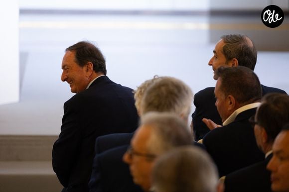 Michel-Edouard Leclerc, chairman of the strategic committee of French supermarket leader E.Leclerc, CEO of French energy group EDF Bernard Fontana during a press conference as part of a meeting with the French Electricity Team to advance the electrification of France in the coming years, at the Elysee Palace, in Paris on May 26, 2026. © Raphaël Lafargue / Pool / Bestimage