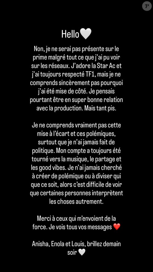 La chanteuse a fait savoir que ce n'était pas le cas, décevant ainsi ses fans.

Léa Haddad a pris la parole dans sa story Instagram pour rétablir la vérité concernant sa participation au prime de la Star Academy.