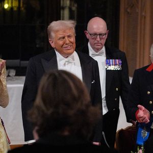 La princesse de Galles, le président américain Donald Trump et le roi Charles III lors du banquet d'État organisé pour le président américain et la première dame Melania Trump au château de Windsor, dans le Berkshire, au premier jour de leur deuxième visite d'État au Royaume-Uni. Mercredi 17 septembre 2025. Photo by Yui Mok/PA Wire/ABACAPRESS.COM