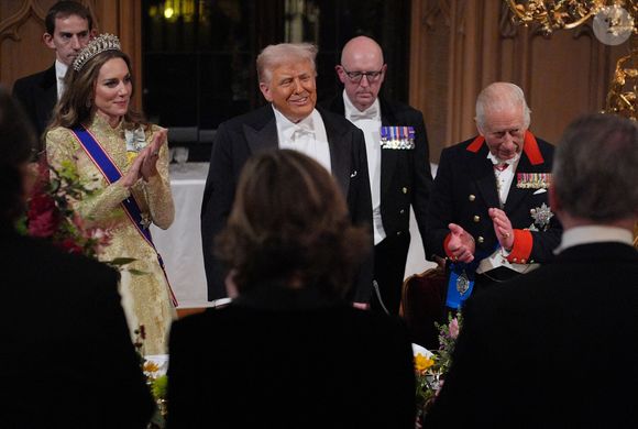 La princesse de Galles, le président américain Donald Trump et le roi Charles III lors du banquet d'État organisé pour le président américain et la première dame Melania Trump au château de Windsor, dans le Berkshire, au premier jour de leur deuxième visite d'État au Royaume-Uni. Mercredi 17 septembre 2025. Photo by Yui Mok/PA Wire/ABACAPRESS.COM