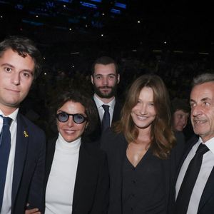 Exclusif - Gabriel Attal, Louis Sarkozy, Rachida Dati, Carla Bruni-Sarkozy, Nicolas Sarkozy lors d'une cérémonie organisée par le Conseil des institutions juives de France (CRIF) en hommage aux victimes des attentats du Hamas du 7 octobre 2023 contre Israël, à l'occasion du premier anniversaire de l'événement, à Paris, le 7 octobre 2024. © Jack Tribeca / Bestimage
