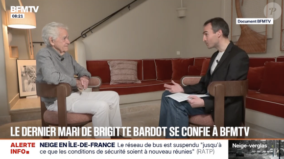 Sur ces derniers instants, il a raconté que les douleurs dorsales "la faisaient souffrir, l’épuisaient", même lorsqu’elle était alitée.

Bernard d'Ormale, le dernier mari de Brigitte Bardot, revient sur ses derniers instants ce mercredi 7 janvier. Capture d'écran BFMTV