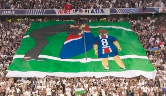 Le magnifique tifo des supporters du PSG en hommage à Xana avec son Luis Enrique (coach du PSG) lors de la Finale de la Ligue Des Champions 2025 "PSG - Inter Milan" à l'Allianz Arena de Munich, le 31 mai 2025.