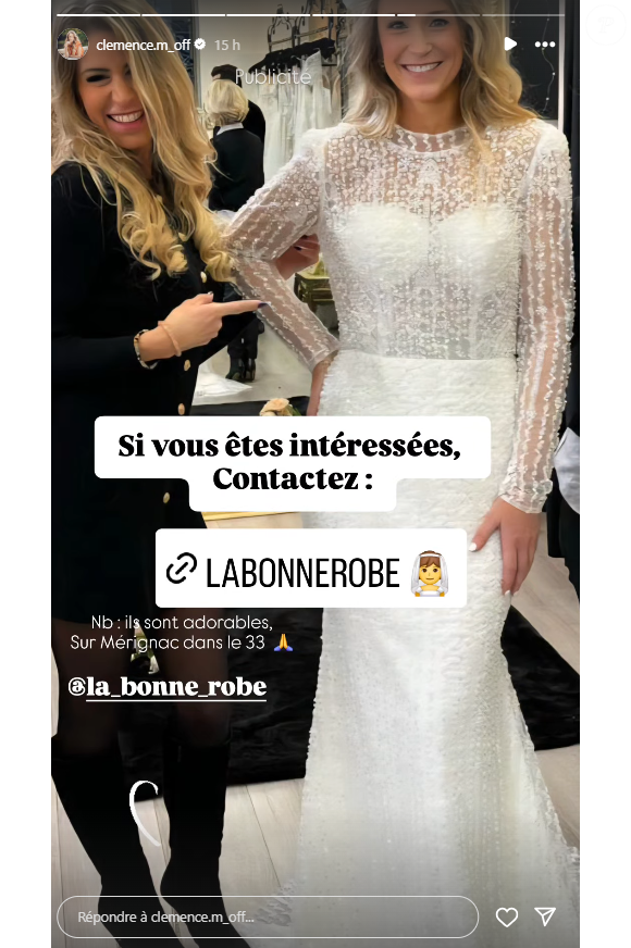 Clémence explique ensuite avoir confié sa tenue à la boutique de mariage La Bonne Robe située à Mérignac, avec difficulté mais aussi soulagement. 

Clémence (Mariés au premier regard) annonce vendre sa robe de mariée.