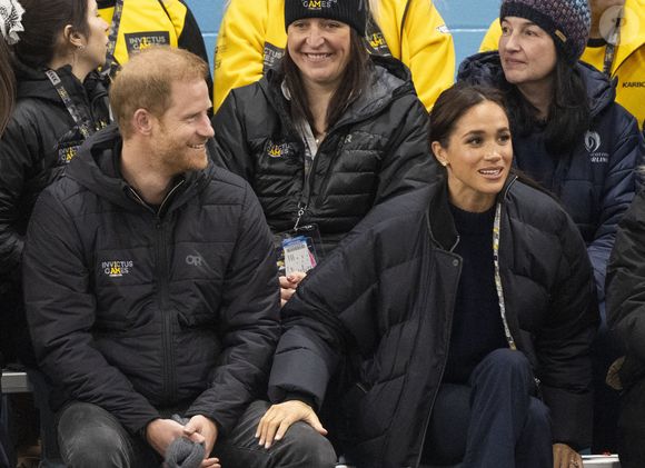 Le prince Harry, le duc de Sussex, Meghan la duchesse de Sussex assistent à une partie de basket-ball en fauteuil roulant au Centre des congrès de Vancouver pendant les Jeux Invictus 2025 à Vancouver, Canada, le 9 février 2025. Hussein Zak/Splash News/ABACA
