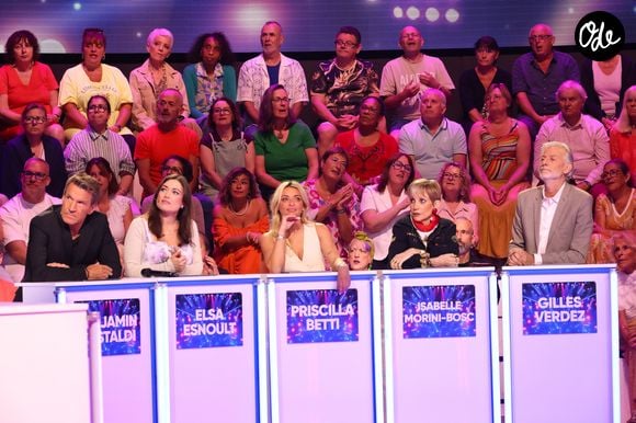 Benjamin Castaldi, Elsa Esnoult, Priscilla Betti, Isabelle Morini-Bosc, Gilles Verdez lors de l'enregistrement de l’émission "On Connait La Chanson Céline Dion", présentée par L.Boccolini et diffusée le 1er septembre sur W9, à Paris, France, le 2 juillet 2026. © Jack Tribeca/Bestimage