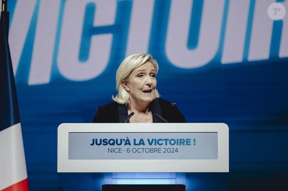 Marine Le Pen, Présidente du groupe Rassemblement National à l'Assemblée nationale - Meeting du RN (Rassemblement National) au Palais Nikaia à Nice le 6 octobre 2024. © Fred Dides/Panoramic/Bestimage