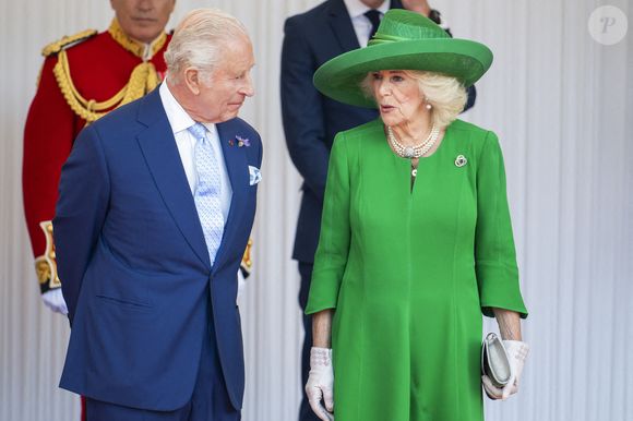 Queen Camilla, King Charles III during a welcoming ceremony at Datchet Road in Windsor, west of London, United Kingdom on July 8, 2025, ahead a three days state visit by French President and his wife. Photo by Eliot Blondet/ABACAPRESS.COM