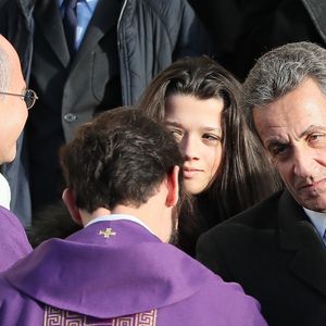 Anastasia et Katinka Sarkozy, Nicolas Sarkozy - Sorties des obsèques de Andrée Sarkozy (mère de N.Sarkozy), dite Dadue née Andrée Mallah, en l'église Saint-Jean-Baptiste à Neuilly-Sur-Seine. Le 18 décembre 2017