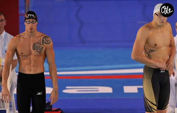 Frederick Bousquet et Florent Manaudou au depart du 50m nage libre lors du 1er Jour des Championnats d' Europe de Natation a Chartres le 22 novembre 2012. Agence / Bestimage