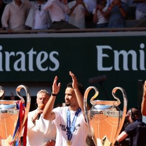 Bradley Barcola, Warren Zaïre-Emery, Désiré Doué et Ousmane Dembélé - Le Paris Saint-Germain (PSG) présente ses trophées de Ligue des champions aux Internationaux de de Tennis de Roland Garros 2026, à Paris, France, le 1er juin 2026. © Jacovides-Moreau/Bestimage