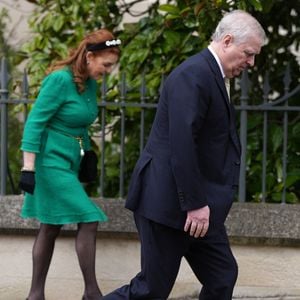 Sarah Ferguson, duchesse d’York, le prince Andrew, duc d’York - Les membres de la famille royale britannique arrivent à la chapelle Saint-George pour assister à la messe de Pâques. Windsor, le 31 mars 2024.