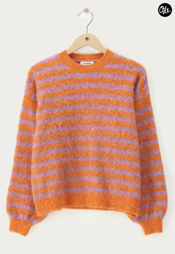 Pull duveteux orange rayé violet