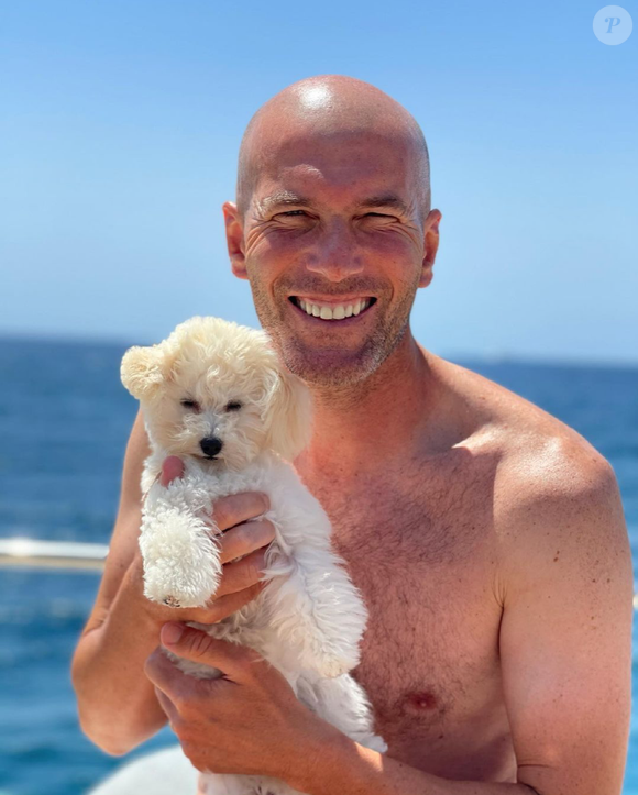 Sur l’une d’elles, l’ancien footballeur prend la pose aux côtés d’un invité bien particulier : son bichon maltais.

Zinédine Zidane profite de vacances avec son bichon maltais. Juillet 2021.