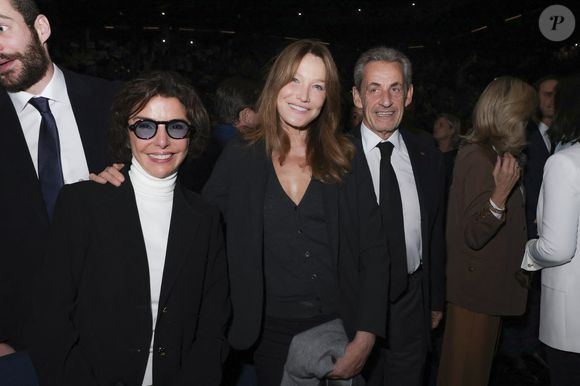 Exclusif - Rachida Dati, Carla Bruni-Sarkozy, Nicolas Sarkozy lors d'une cérémonie organisée par le Conseil des institutions juives de France (CRIF) en hommage aux victimes des attentats du Hamas du 7 octobre 2023 contre Israël, à l'occasion du premier anniversaire de l'événement, à Paris, le 7 octobre 2024. © Jack Tribeca / Bestimage