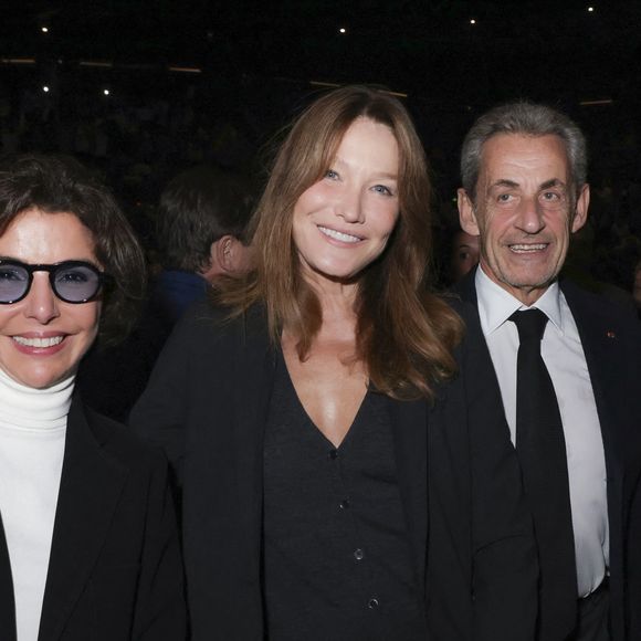 Exclusif - Rachida Dati, Carla Bruni-Sarkozy, Nicolas Sarkozy lors d'une cérémonie organisée par le Conseil des institutions juives de France (CRIF) en hommage aux victimes des attentats du Hamas du 7 octobre 2023 contre Israël, à l'occasion du premier anniversaire de l'événement, à Paris, le 7 octobre 2024. © Jack Tribeca / Bestimage