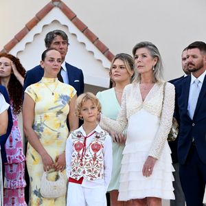 Pauline Ducruet, Stefano Ercole Carlo Casiraghi, Camille Gottlieb,  la princesse Caroline de Hanovre et Gareth Wittstock - Célébration des 20 ans de règne du prince souverain Albert II de Monaco sur la place du Palais à Monaco, le 19 juillet 2025. © Bruno Bebert/Bestimage
