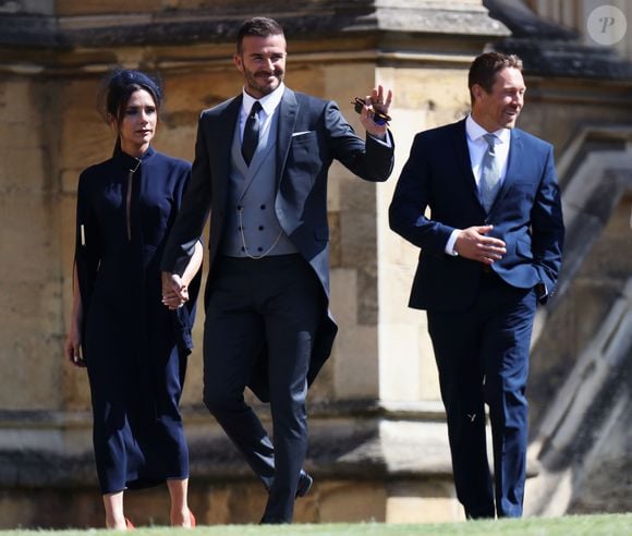 David Beckham, sa femme Victoria et Jonny Wilkinson - Les invités arrivent à la chapelle St. George pour le mariage du prince Harry et de Meghan Markle au château de Windsor, Royaume Uni, le 19 mai 2018.