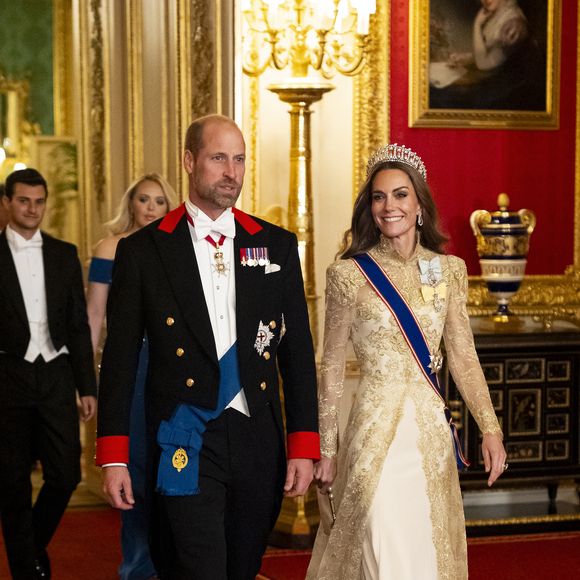 Donald J. Trump (président des Etats-Unis) et la Première dame Melania Trump, le roi Charles III d'Angleterre et Camilla Parker Bowles, reine consort d'Angleterre, le prince William, prince de Galles, et Catherine (Kate) Middleton, princesse de Galles, lors du banquet d'Etat au chateau de Windsor en l'honneur de la visite officielle de président Donald Trump et de la Première dame Melania au Royaume-Uni - The State Banquet for the State Visit of President Trump and the First Lady Melania Trump at Windsor Castle on his second state visit to the UK, in Windsor, Berkshire, UK, on the 17th September 2025.

Picture by Aaron Chown/WPA-Pool
