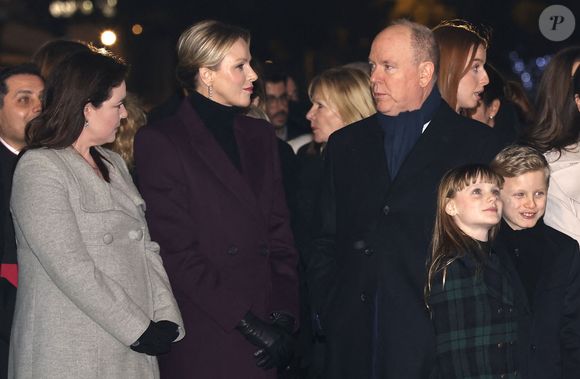 Mélanie-Antoinette de Massy, Le prince Albert II de Monaco, La princesse Charlène de Monaco, La princesse Gabriella de Monaco, comtesse de Carladès, Le prince Jacques de Monaco, marquis des Baux - La famille princière de Monaco lors de l'embrasement de la barque dans le cadre des célébrations de la Sainte-Dévote, Sainte Patronne de Monaco le 26 janvier 2024. © Claudia Albuquerque / Bestimage