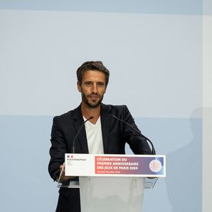 Tony Estanguet lors de la célébration du premier anniversaire des Jeux Olympiques 2024 au Grand Palais à Paris, le 26 juillet 2025. 

© Jonathan Jacob / Bestimage