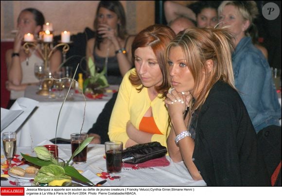 Carine Haddadou de "Star Academy" a apporté son soutien au défilé de jeunes créateurs ( Francky Velucci,Cynthia Ginier,Slimane Henni ) organisé ˆ La Villa ˆ Paris le 09 Avril 2004. Photo Pierre Costabadie/ABACA.
