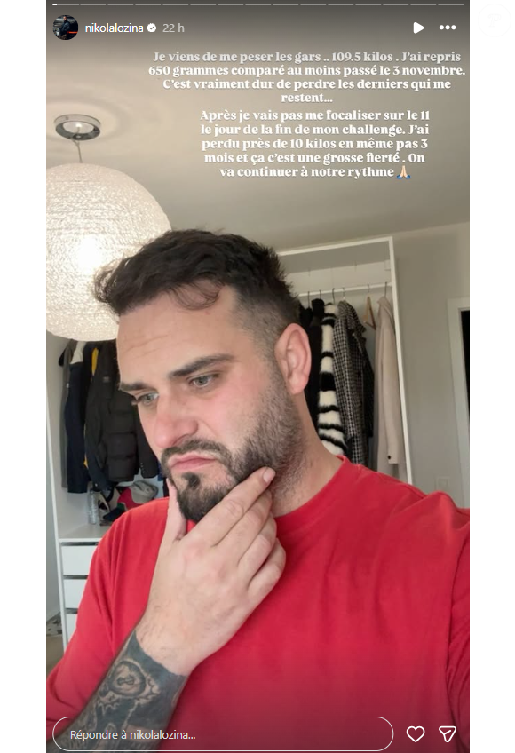 "Je viens de me peser les gars... 109,5 kilos. J'ai repris 650 grammes comparé au mois passé. C'est vraiment dur de perdre les derniers qui me restent", a-t-il confié à sa communauté.

Nikola Lozina parle de son poids sur Instagram