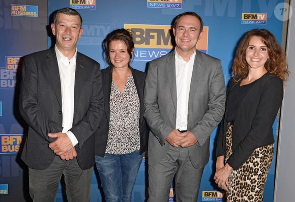 Nicolas Doze, Pascale De La Tour Du Pin, Christophe Delay, Fanny Agostini lors de la conférence de presse annuelle de BFM qui s'est tenue au Pavillon Kleber à Paris, France, le 27 août 2014. Photo par Pascal Baril/Planete Bleue Images/ABACAPRESS.COM