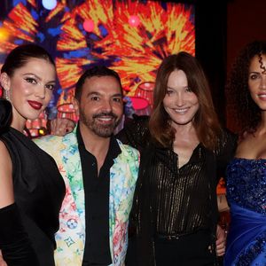 Iris Mittenaere, Kamel Ouali, Carla Bruni-Sarkozy, Noémie Lenoir au dîner de gala organisé par la Fondation "Children of Africa" à l'initiative de Madame D.Ouattara, Première Dame de Côte d'Ivoire et Présidente fondatrice de "Children of Africa" au Sofitel Ivoire à Abidjan. Le 1er Mars 2024. © Dominique Jacovides / Bestimage
