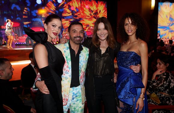 Iris Mittenaere, Kamel Ouali, Carla Bruni-Sarkozy, Noémie Lenoir au dîner de gala organisé par la Fondation "Children of Africa" à l'initiative de Madame D.Ouattara, Première Dame de Côte d'Ivoire et Présidente fondatrice de "Children of Africa" au Sofitel Ivoire à Abidjan. Le 1er Mars 2024. © Dominique Jacovides / Bestimage
