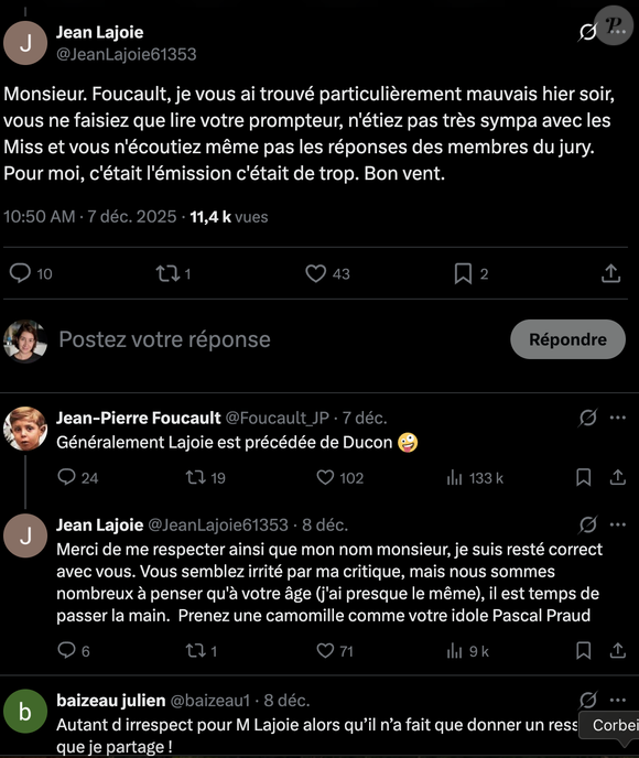 Sur X les commentaires et la réponse de Jean-Pierre Foucault