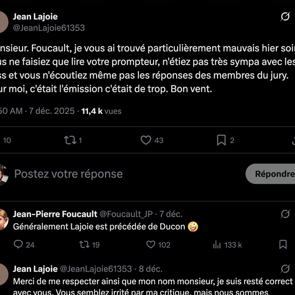 Sur X les commentaires et la réponse de Jean-Pierre Foucault