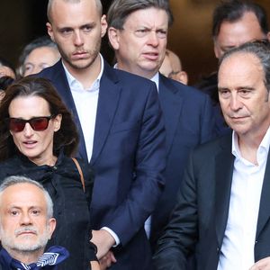 Camille Cottin, Xavier Niel, guest Sortie des obsèques de Mathilde Favier en l'église Saint-Sulpice à Paris le 31 aout 2026. © Dominique Jacovides-Cyril Moreau/Bestimage