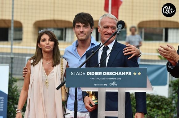 Claude, Dylan et Didier Deschamps durant l'inauguration du Stade de football Didier Deschamps à Cap d'Ail le 12 septembre 2018. © Bruno Bebert / Bestimage