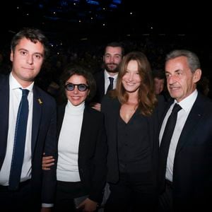 Exclusif - Gabriel Attal, Louis Sarkozy, Rachida Dati, Carla Bruni-Sarkozy, Nicolas Sarkozy lors d'une cérémonie organisée par le Conseil des institutions juives de France (CRIF) en hommage aux victimes des attentats du Hamas du 7 octobre 2023 contre Israël, à l'occasion du premier anniversaire de l'événement, à Paris, le 7 octobre 2024. © Jack Tribeca / Bestimage