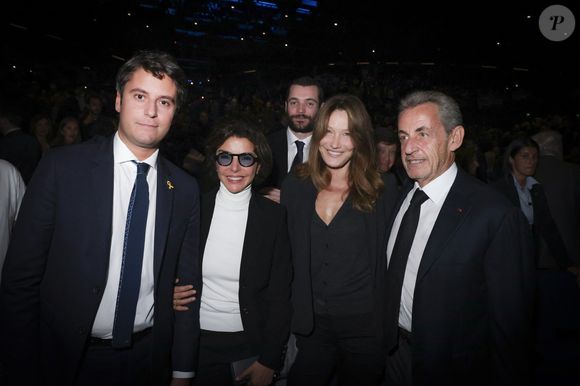 Exclusif - Gabriel Attal, Louis Sarkozy, Rachida Dati, Carla Bruni-Sarkozy, Nicolas Sarkozy lors d'une cérémonie organisée par le Conseil des institutions juives de France (CRIF) en hommage aux victimes des attentats du Hamas du 7 octobre 2023 contre Israël, à l'occasion du premier anniversaire de l'événement, à Paris, le 7 octobre 2024. © Jack Tribeca / Bestimage