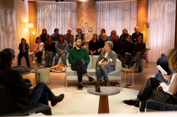 Exclusif - Bernard Montiel, Raphaël Mezrah, Oli. avec Charles Berling et Charles Edouard Fusari invités, Olivia Juriste et Sylvain Vétérinaire sur plateau de l'émission "Animalement Vôtre" présentée par Bernard Montiel et diffusée le XXX sur France 3, à Paris, France, le 12 janvier 2026. © Julien Sarkissian/Bestimage
