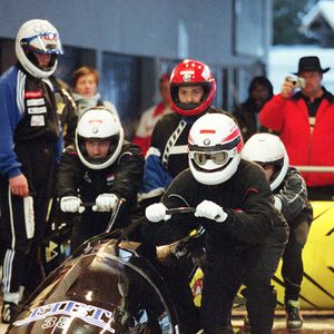 Le Prince Albert de Monaco à La Plagne en bobsleigh. DANIEL GIRY / BESTIMAGE