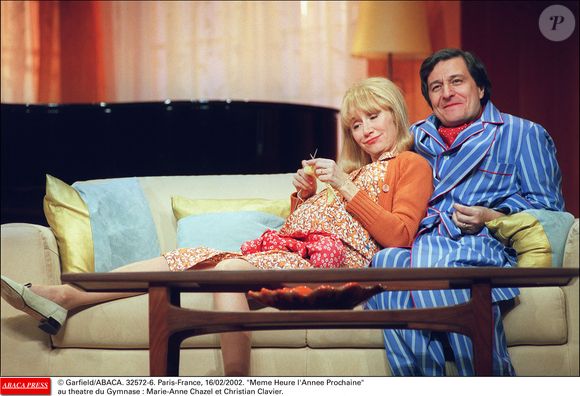 Marie-Anne Chazel et Christian Clavier dans la pièce "Même Heure l'Année Prochaine" au théâtre du Gymnase le 16 février 2002. © Garfield/ABACA