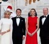 Ce samedi 7 juin 2025, Emmanuel et Brigitte Macron sont arrivés à Monaco.
Le président Emmanuel Macron, Brigitte Macron, Le prince Albert II de Monaco, La princesse Charlène de Monaco arrivant au dîner d'état en l'honneur de la visite du couple présidentiel français au palais princier à Monaco le 7 juin 2025.
© Dominique Jacovides / Bestimage