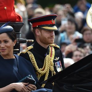 Le prince Harry, duc de Sussex, et Meghan Markle, duchesse de Sussex, première apparition publique de la duchesse depuis la naissance du bébé royal Archie lors de la parade Trooping the Colour 2019, célébrant le 93ème anniversaire de la reine Elisabeth II, au palais de Buckingham, Londres, le 8 juin 2019.