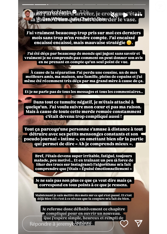 Mais à travers une story sur Instagram, il indique que le jeune couple s'est séparé.

Jérémy Raffin, aventurier de "Koh-Lanta", s'exprime sur Instagram après sa rupture avec Candice.