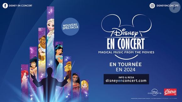 Pour les fans de Disney qui n'ont pas l'occasion de venir à Paris, le spectacle Disney en Concert offre une expérience unique. Accompagnés d'un orchestre symphonique, les plus grands classiques de Disney reprennent vie sur scène.
Affiche de la tournée "Disney en concert" en 2024.